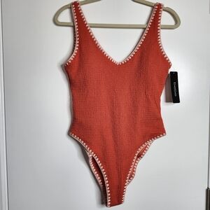 Bebe One Piece Swimsuit Womens Large Orange White Stitch Trim NEW Bathing Suit